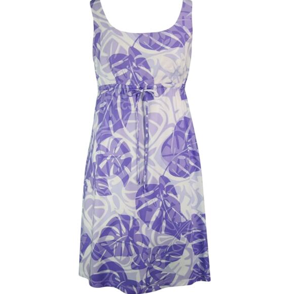 Puanani Dress Women Size M Purple Floating Monstera Empire Tie Front Hawaiian - Picture 1 of 8